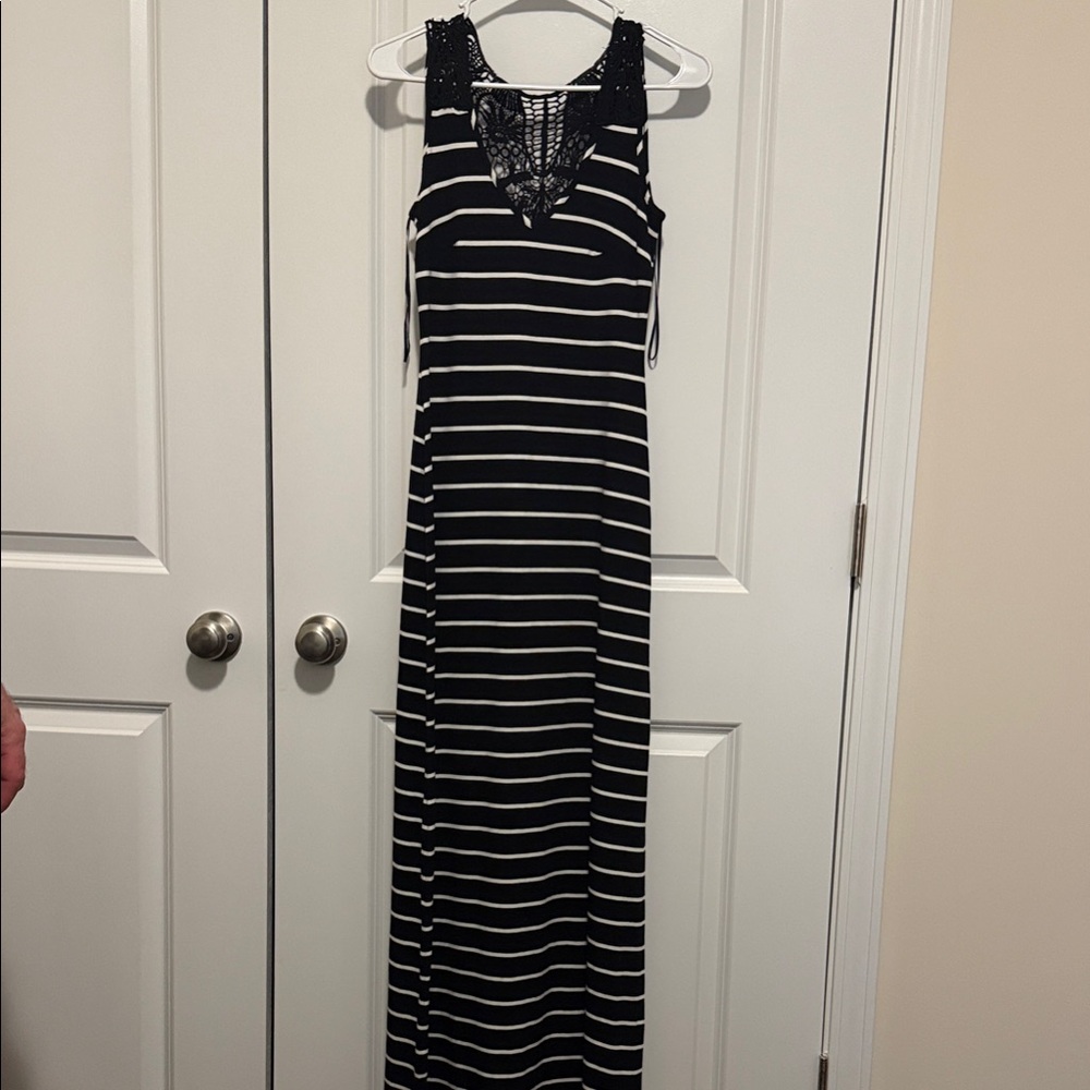 Cache Black and White Striped Maxi Dress